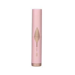 Heated Hair Straightening Brush - Pink handheld beauty device with gold leaf detail, displayed vertically in closed state against a plain white background