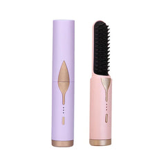 Heated Hair Straightening Brush - Side-by-side view of lavender cased and pink exposed bristle styling tools with matching gold accents