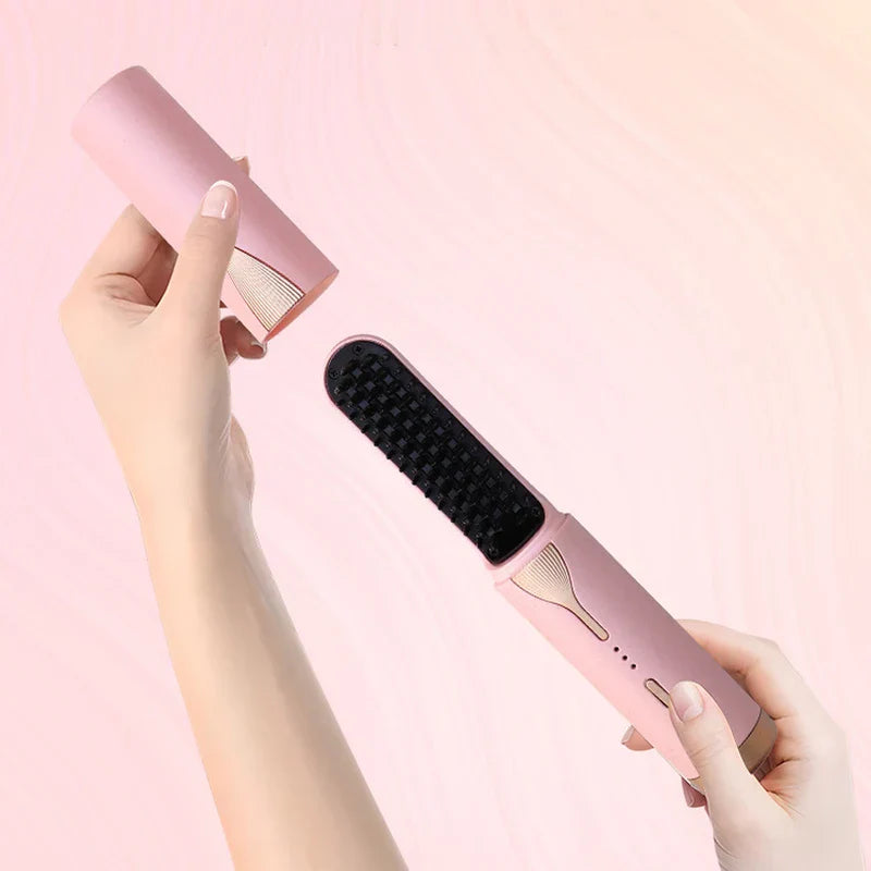 Heated Hair Straightening Brush - Hands removing the protective cap from a pink styling brush to reveal black heated bristles