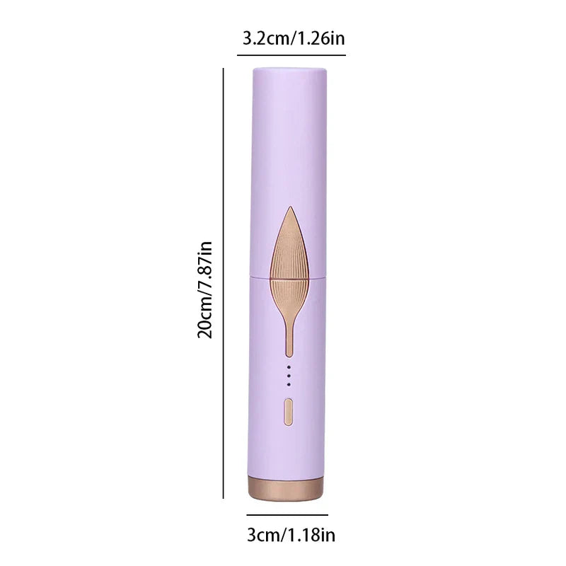 Heated Hair Straightening Brush - Lavender cordless hair straightener brush with gold accents, showing its total height and width dimensions.