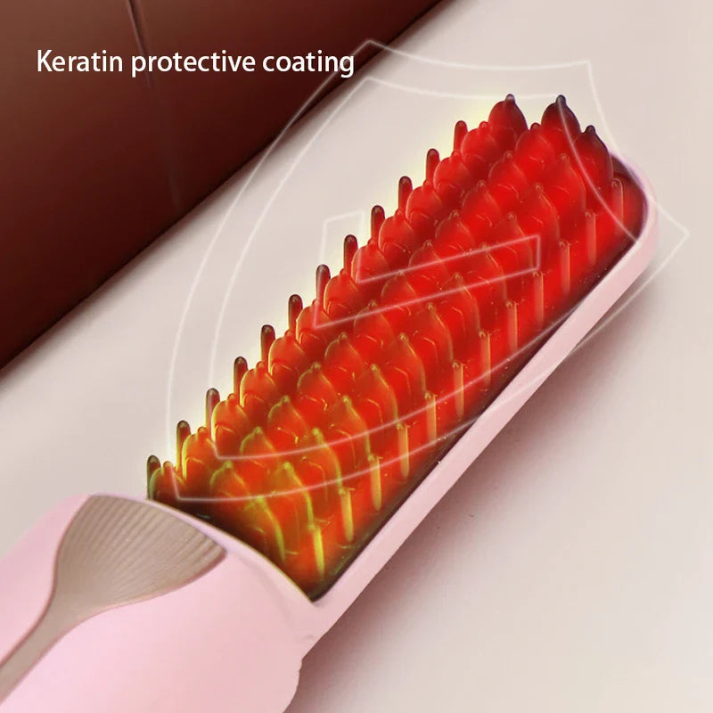 Heated Hair Straightening Brush - Close-up of a heated pink hair straightener brush, glowing red-hot, with a line graphic indicating its keratin protective coating.