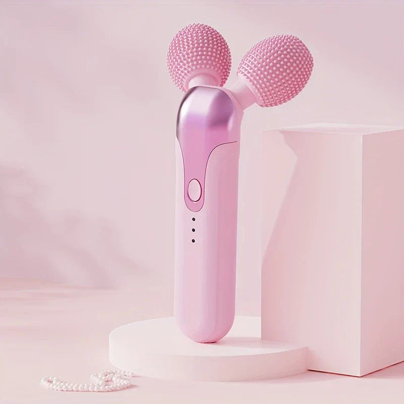 Jade Facial Roller - Pink handheld dual-head facial cleansing device standing on a display platform