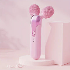 Jade Facial Roller - Pink handheld dual-head facial cleansing device standing on a display platform
