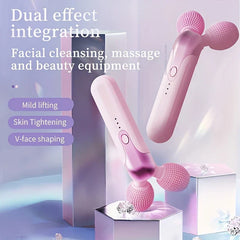 Jade Facial Roller - Promotional graphic showing two angled views of the pink dual-roller facial device with listed use benefits