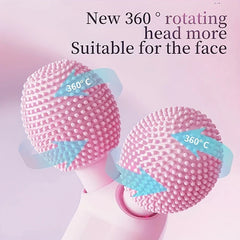 Jade Facial Roller - Close-up of two pink bumpy rotating facial brush heads with 360 degree rotation arrows