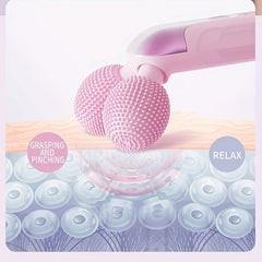 Jade Facial Roller - Close-up pink dual roller massage tool pressing on illustrated skin cross-section with text labels