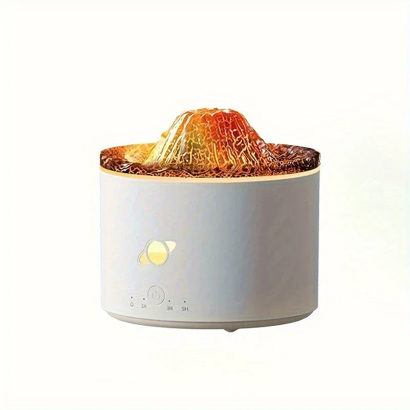 Flame Diffuser Humidifier - White cylindrical unit with volcano-shaped textured top, lit power button and 1H/3H/5H timer controls on plain white background