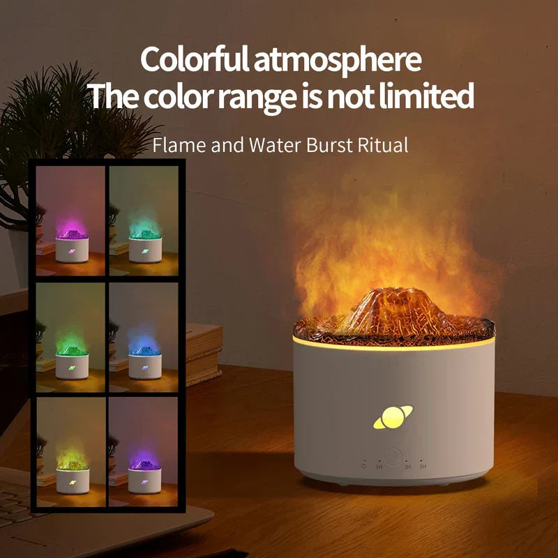 difusor humidificador de llama - Unidad mostrando efecto de llama naranja cálido, con cuadrícula insertada que muestra seis opciones diferentes de luz ambiental de colores para el dispositivo