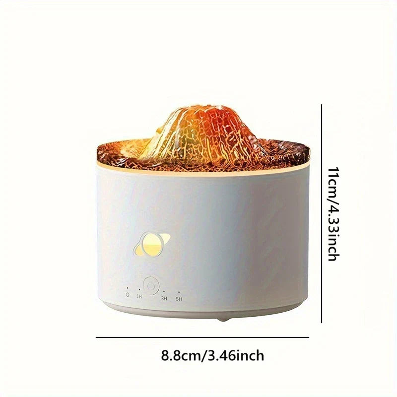 Flame Diffuser Humidifier - Small cylindrical humidifier with lit orange volcano-style top, size dimensions marked beside and below it
