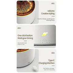 difusor humidificador de llama - Gráfico de producto de tres paneles que muestra el diseño de un dispositivo en forma de volcán, botón de control con ajustes de temporizador y puerto de carga Tipo-C