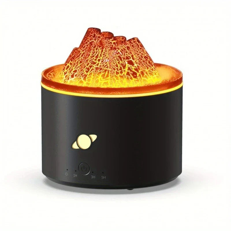 diffusor luftbefeuchter flamme - Schwarzer zylindrischer Aroma-Diffusor mit beleuchteter, orangeroter Vulkanoberseite, die eine rissige Lavatextur aufweist. Vorne befinden sich ein Netzschalter, Timer-Einstellungsanzeigen und ein beleuchtetes, saturnförmiges Dekorationssymbol.