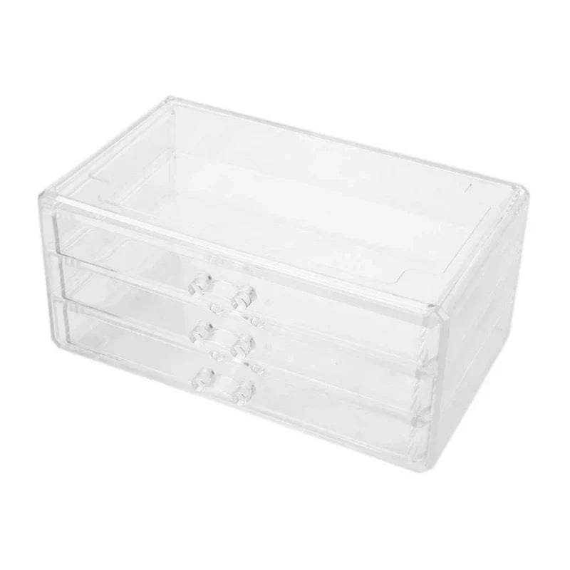 Cosmetic Organizer Case - Clear three-drawer rectangular storage unit with small integrated pull handles