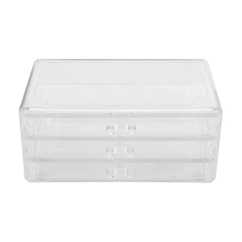 Cosmetic Organizer Case - Clear empty 3-drawer plastic storage organizer, centered on plain white background