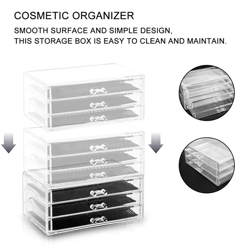 Cosmetic Organizer Case - Stackable modular storage units shown stacked vertically, with closeup insets of drawer edges