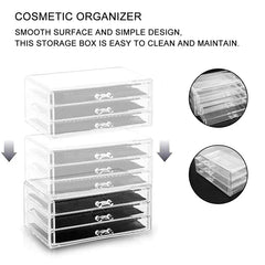 Cosmetic Organizer Case - Stackable modular storage units shown stacked vertically, with closeup insets of drawer edges