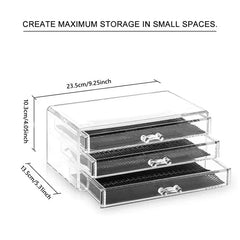 Cosmetic Organizer Case - Clear 3-drawer storage organizer with dimensions labeled in centimeters and inches, three drawers partially pulled open.