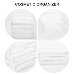 Cosmetic Organizer Case - Four rounded views of a clear plastic cosmetic organizer showing its sides and drawer fronts.