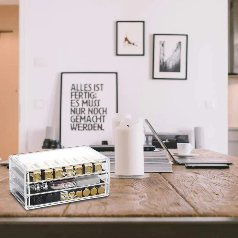 Cosmetic Organizer Case - Filled three-drawer storage unit placed on a wooden desktop holding small accessories