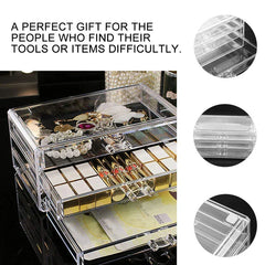 Cosmetic Organizer Case - Clear 3-drawer organizer holding jewelry and makeup, with three circular close-up detail shots of its edges and drawers.