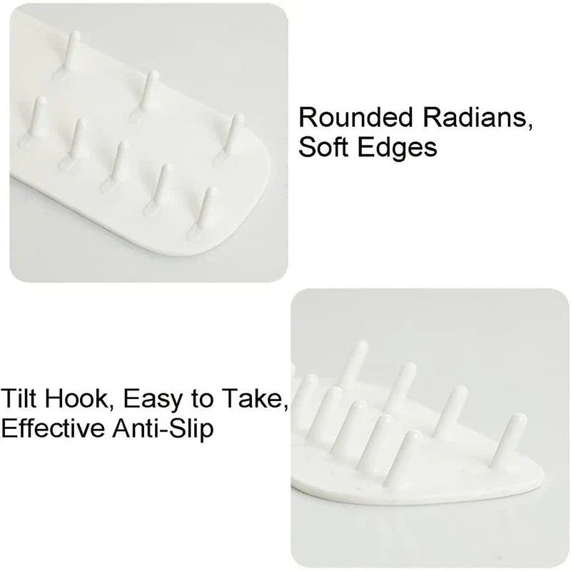 Jewelry Storage - Two close-up views of a white multi-prong hanger, showing rounded edges and tilted prongs, with descriptive text labels.