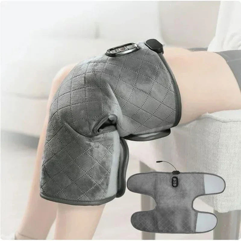 Knee Compression Sleeve - Demonstration of gray quilted heated knee wrap worn on a seated person's knee, with flat lay of the wrap shown inset