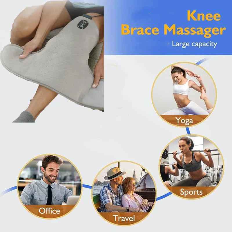 genouillère thermique de compression - Genouillère de soutien gris clair enroulée autour d'une jambe, avec des icônes d'utilisation pour le yoga, le sport, les voyages et le bureau