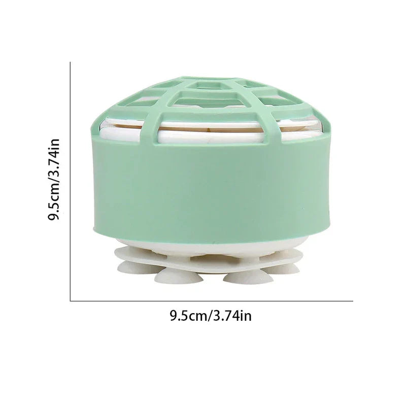 Mini Dishwasher - Mint green round domed gadget with suction cup base, shown with 9.5cm height and width dimension markings