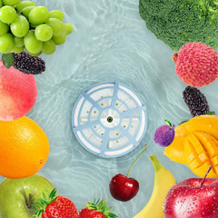 Mini Dishwasher - A light blue and white circular puck sits in rippling water, surrounded by fresh fruits and broccoli along the edges