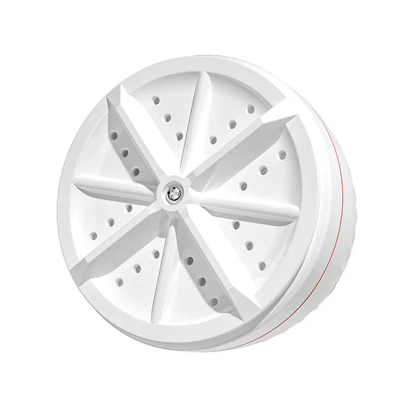 Mini Washer - Front view of white circular turbine washing unit with raised vanes and drain holes