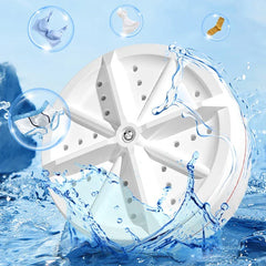 Mini Washer - Unit surrounded by splashing water, with bubbles displaying small washable clothing items