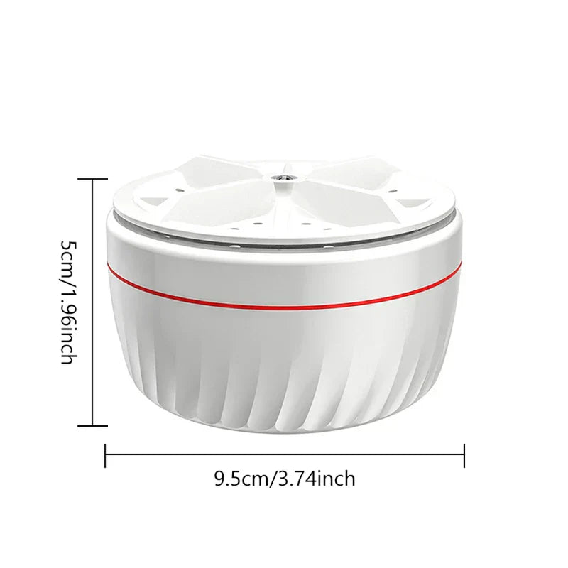 Mini Washer - White compact device with a thin red midline, dimension labels showing 5cm height and 9.5cm diameter.