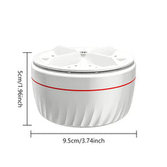 Mini Washer - White compact device with a thin red midline, dimension labels showing 5cm height and 9.5cm diameter.