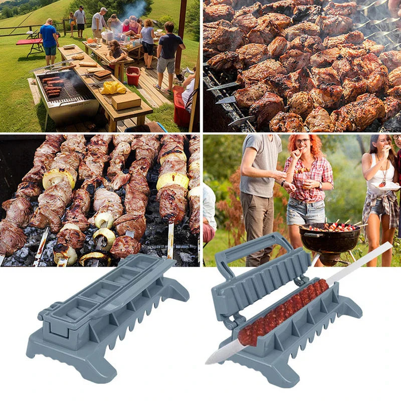 Kebab Skewer Maker Meat Stringer Box - Four-panel collage showing outdoor cookout scenes, grilled kebabs, and the prep tool in use loading a skewer with ground meat