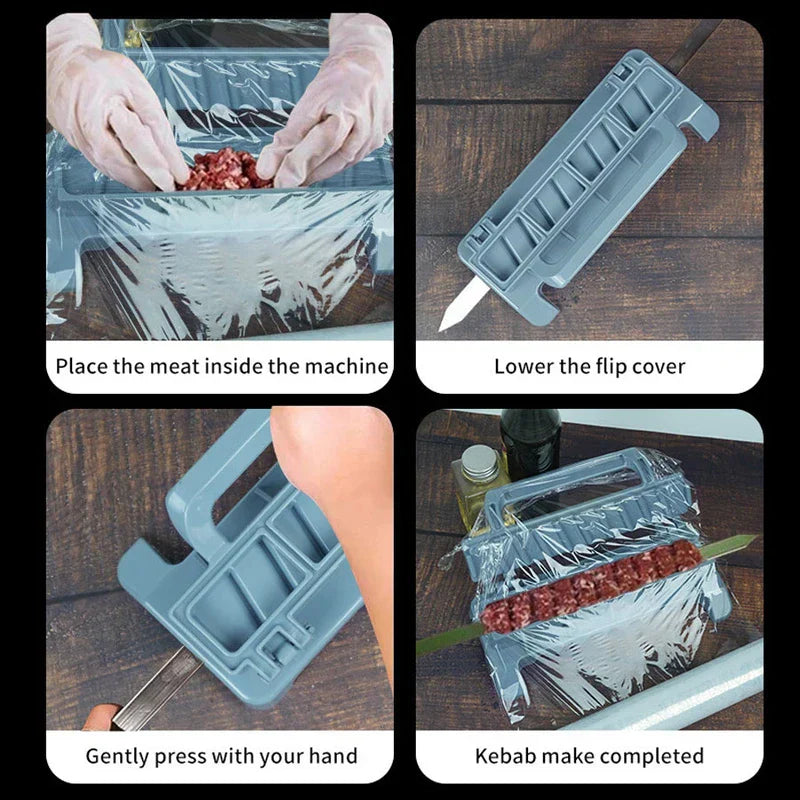 Kebab Skewer Maker Meat Stringer Box - 4-step instructional diagram showing use of the kebab maker to form skewered minced meat