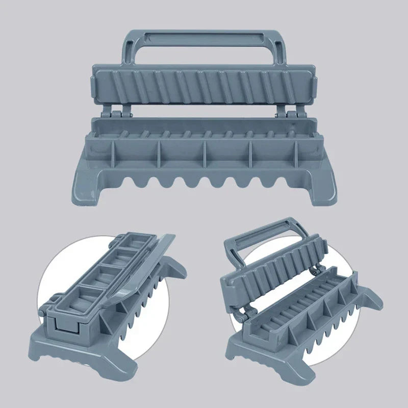 Kebab Skewer Maker Meat Stringer Box - Three views of an open gray plastic kebab press, displayed on a light gray background