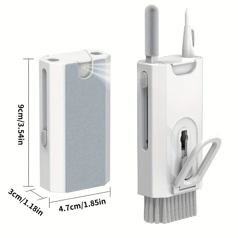 Keyboard Cleaner Brush Dust Removal Kit - Folded and unfolded white multi-cleaning tool, with printed dimensions 9cm tall, 4.7cm wide, 3cm deep