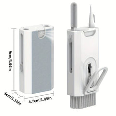 Keyboard Cleaner Brush Dust Removal Kit - Folded and unfolded white multi-cleaning tool, with printed dimensions 9cm tall, 4.7cm wide, 3cm deep