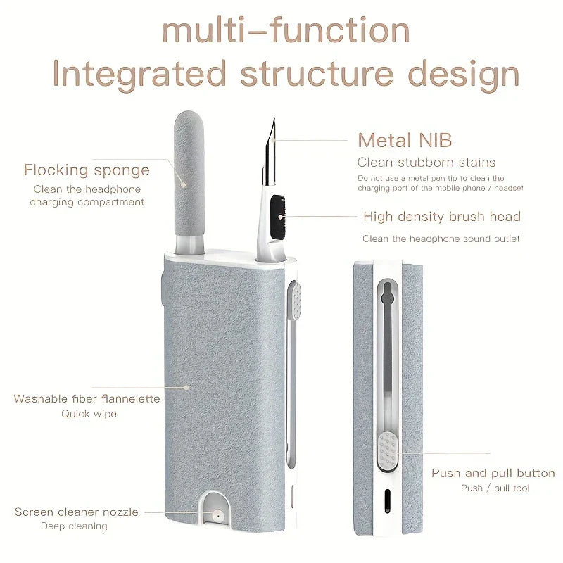 Keyboard Cleaner Brush Dust Removal Kit - Multi-tool component diagram labeled multi-function integrated structure design, pointing out all built-in parts