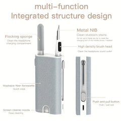 Keyboard Cleaner Brush Dust Removal Kit - Multi-tool component diagram labeled multi-function integrated structure design, pointing out all built-in parts
