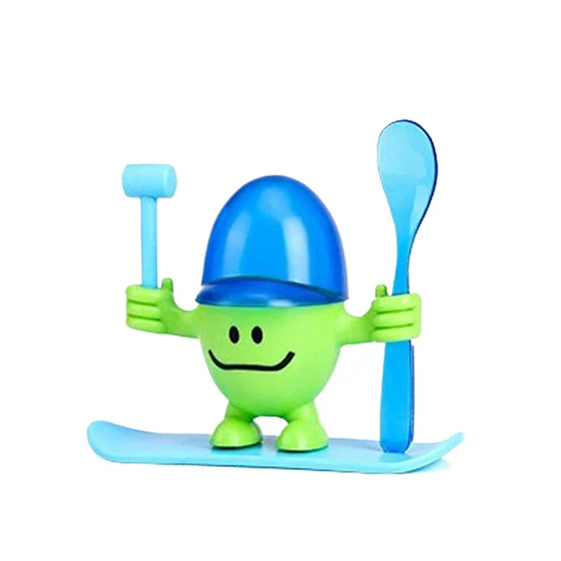 Egg Cup Holder - Green and blue smiling character stand with cap, mallet, and spoon, no egg placed inside