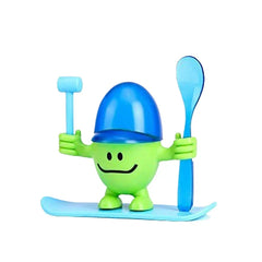 Egg Cup Holder - Green and blue smiling character stand with cap, mallet, and spoon, no egg placed inside