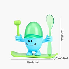 Egg Cup Holder - Blue-bodied cartoon egg cup with green cap and base on a board, holding green mallet and spoon, with measurement dimensions