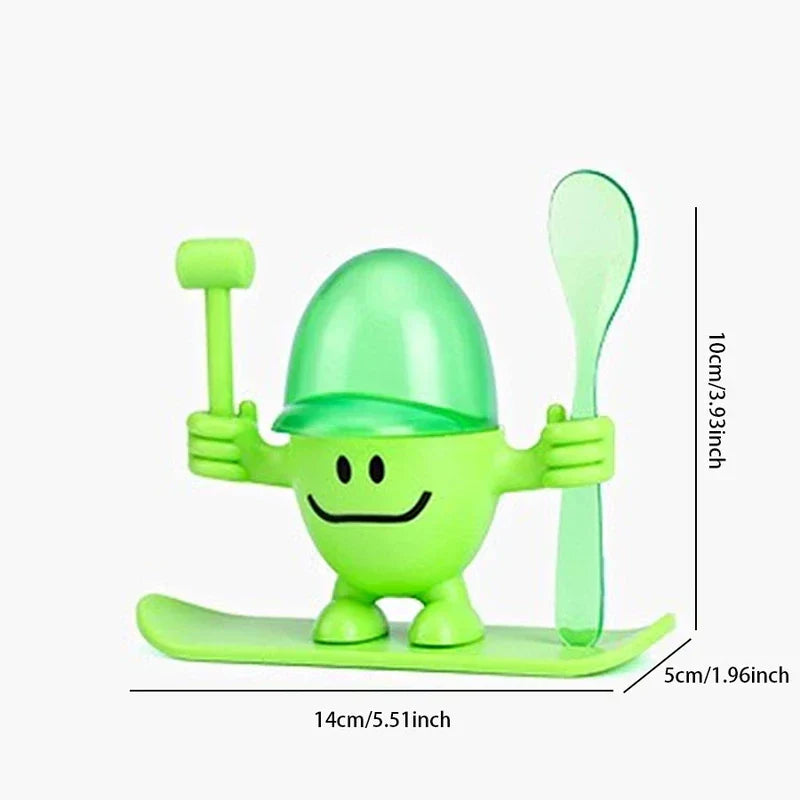 Egg Cup Holder - All light green cartoon egg cup figure on a board, holding a small mallet and spoon, with measurement dimensions