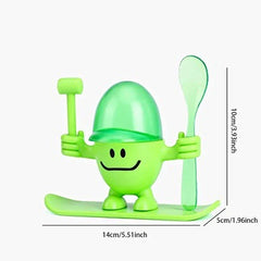 Egg Cup Holder - All light green cartoon egg cup figure on a board, holding a small mallet and spoon, with measurement dimensions