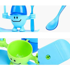 Egg Cup Holder - Four-panel close-up of blue and green plastic toy figurine parts including a blue spoon, smiling blue figure, smiling green cup-shaped figure, and blue plastic panel