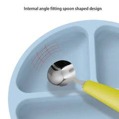 Cutlery Set - Close-up of a light blue divided plate's internal corner, spoon resting in the compartment to show angle fitting shape