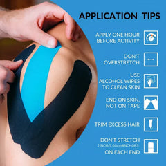 Kinesiology Tape Roll - Graphic demonstrating tape application to a shoulder, alongside listed application tips with corresponding icons