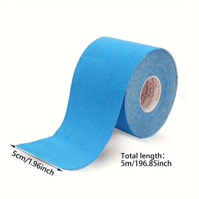 Blue kinesiology tape roll, 5cm wide and 5m long, with a section unrolled from the roll.