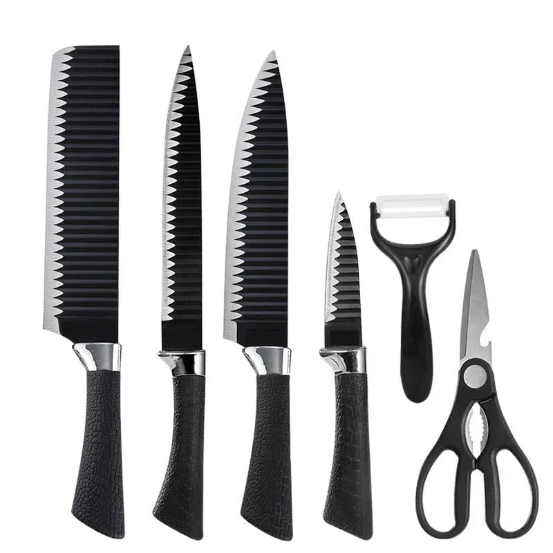 Identical six-piece black-handled cutlery set with knives, a peeler, and scissors on a white background. A kitchen knife set with block is not present; no block is visible.