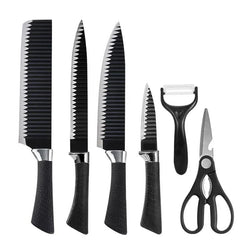 Identical six-piece black-handled cutlery set with knives, a peeler, and scissors on a white background. A kitchen knife set with block is not present; no block is visible.